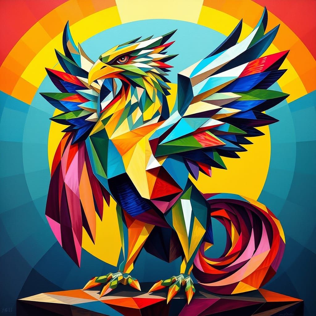 Neo-Cubist Griffin in Opulent Metallic Splendor