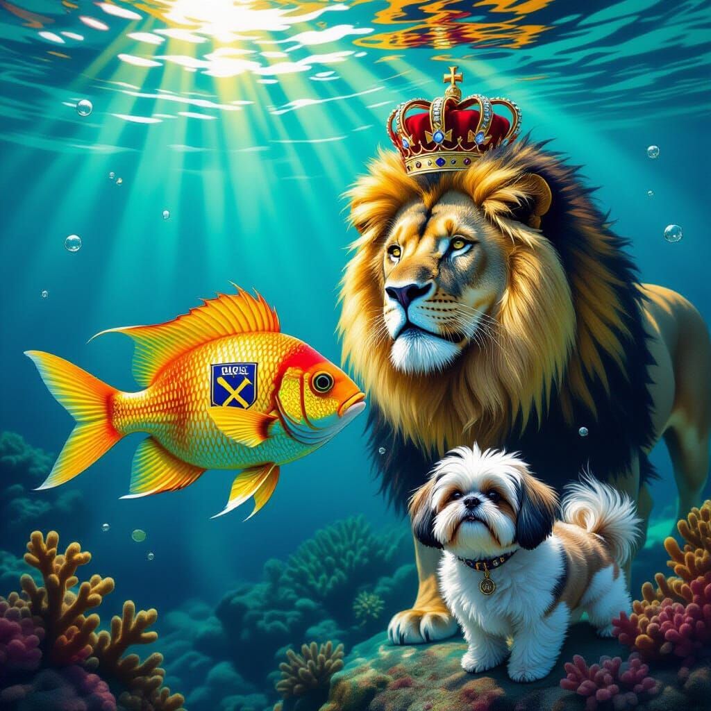 Tropical Fish, Lion with Crown, and Shih Tzu in Underwater R...