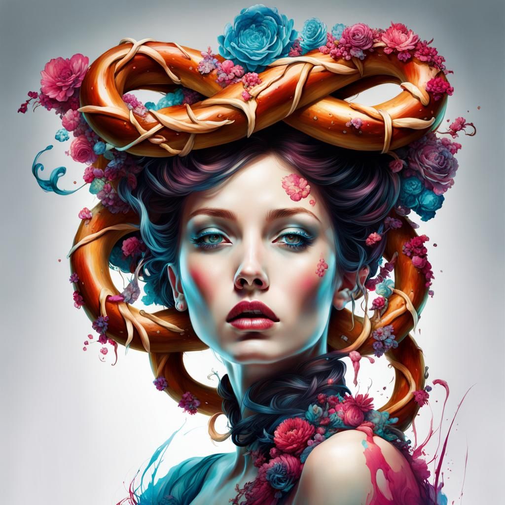 Pretzel Goddess: Mythical Figure in Vibrant Inkblot Art