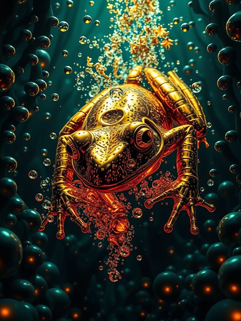 Gilded Alien Bullfrog Diving into Bioluminescent Kelp
