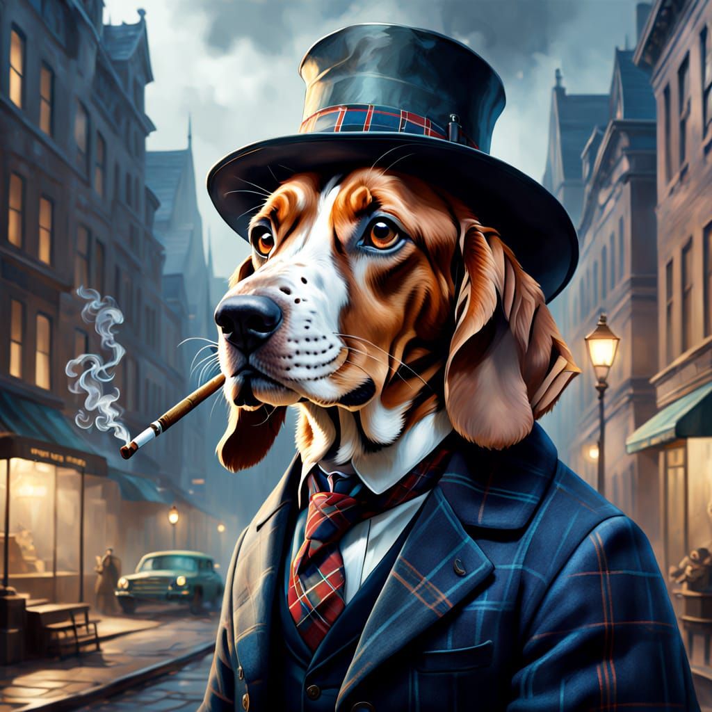 Bassett Hound Detective in Plaid Hat with Pipe