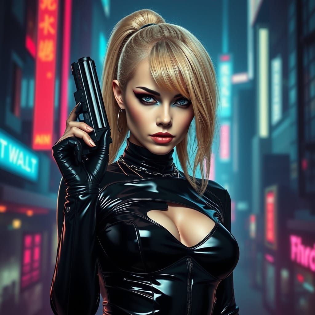 Cyberpunk Woman in Latex Bodysuit with Pistol
