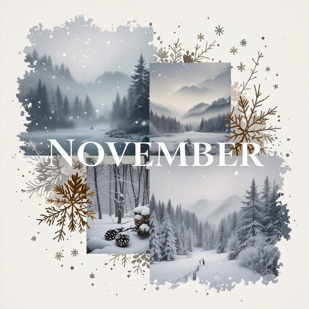 Misty November Snow Collage with Serene Winter Landscape