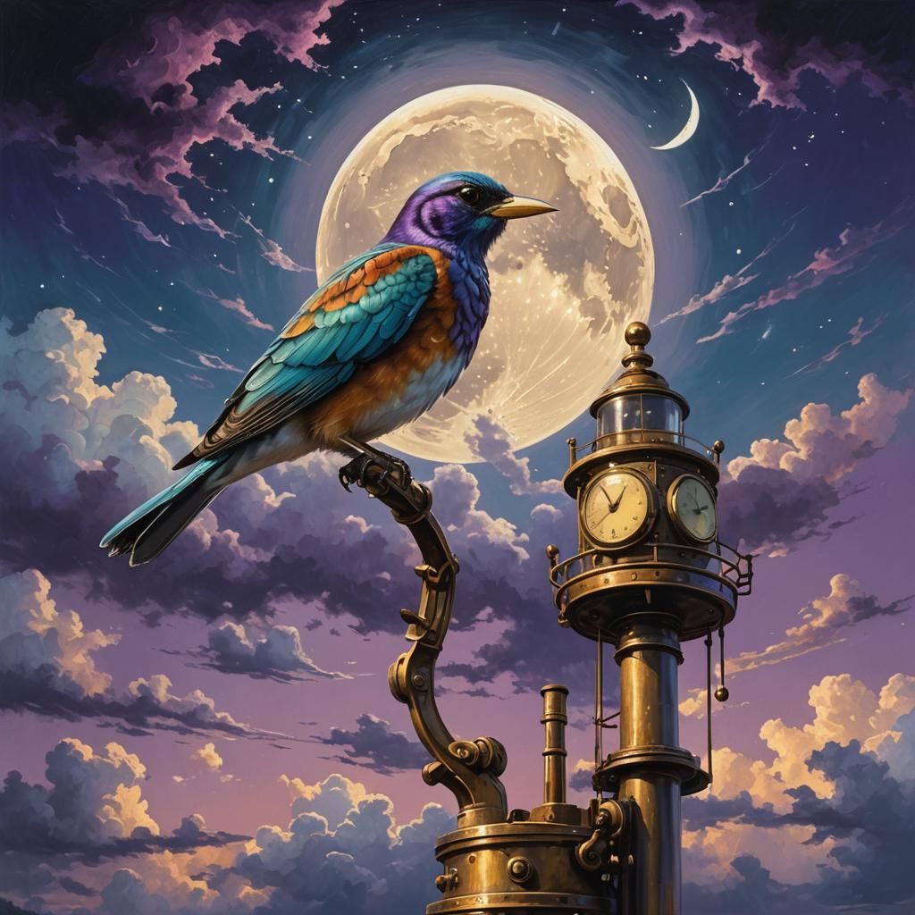 Hyper-Realistic Oil Painting of a Bird Under the Full Moon