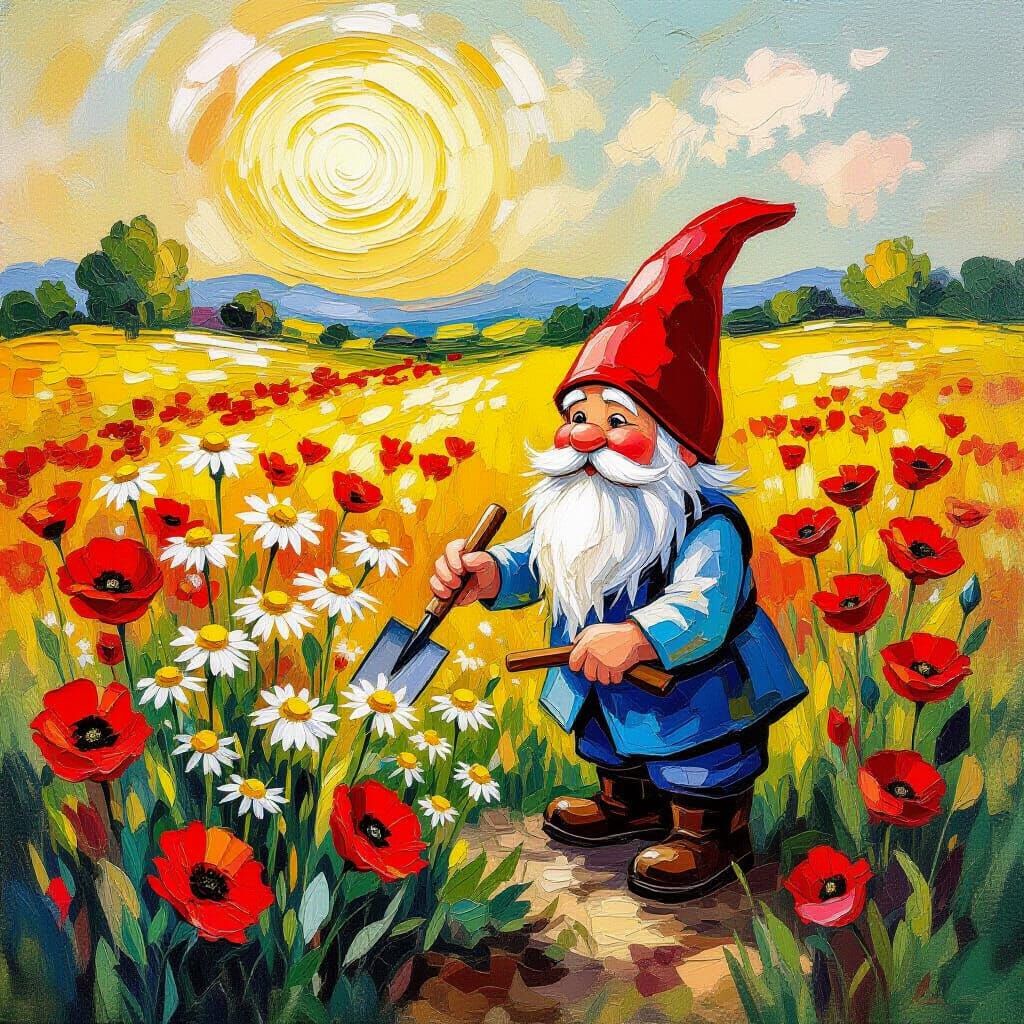 Sun Gnome Tends Yarrow Garden in Poppy Field
