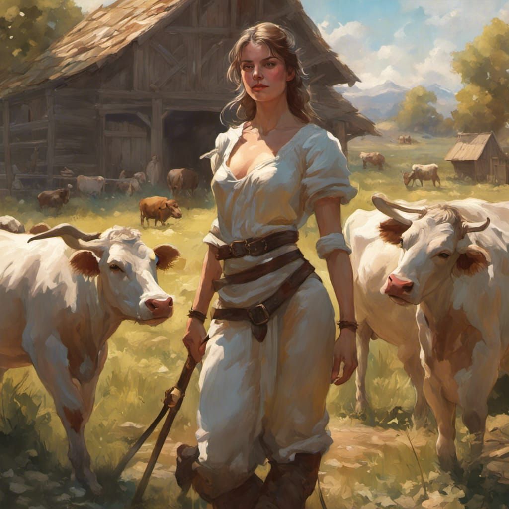 Romantic Portrait of Medieval Farm Girl with Cows