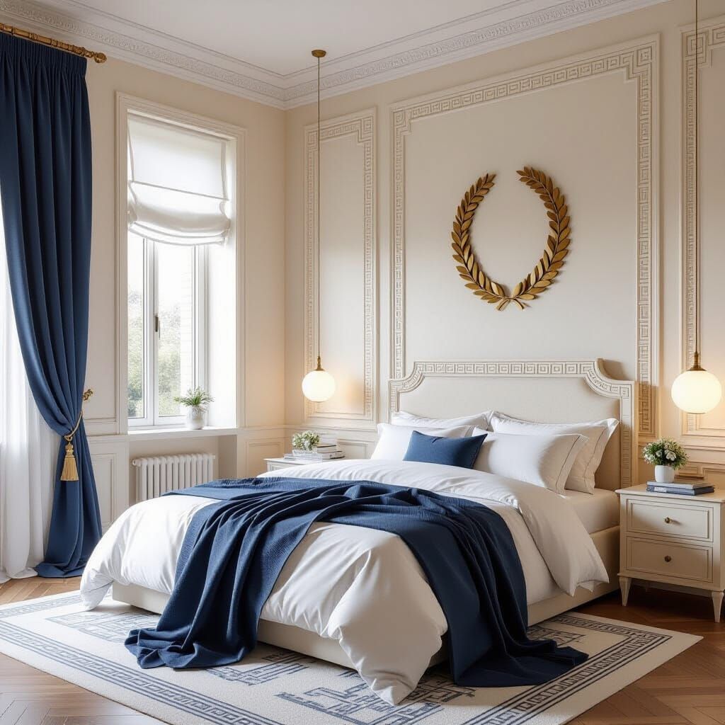 Elegant Greek-Style Bedroom with Art Deco Touches