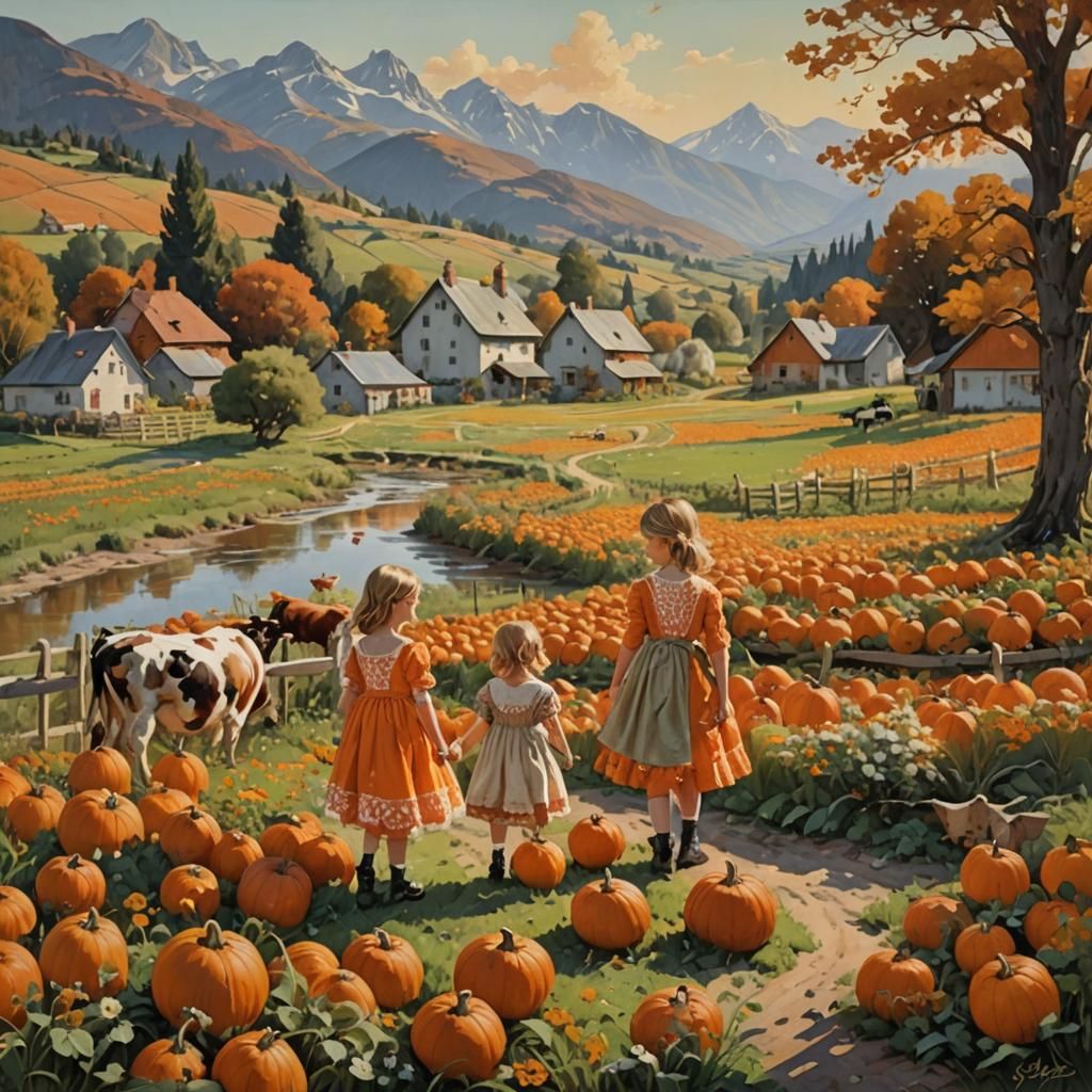 Girls in Pumpkin Field: Oil Painting by Gurney