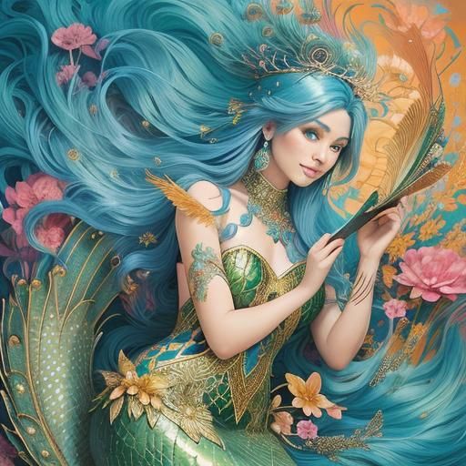 Peacock Mermaid Portrait in Vibrant Concept Art