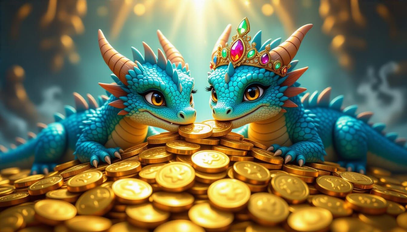 Adorable Baby Dragon in Ornate Crown on Gold Coins