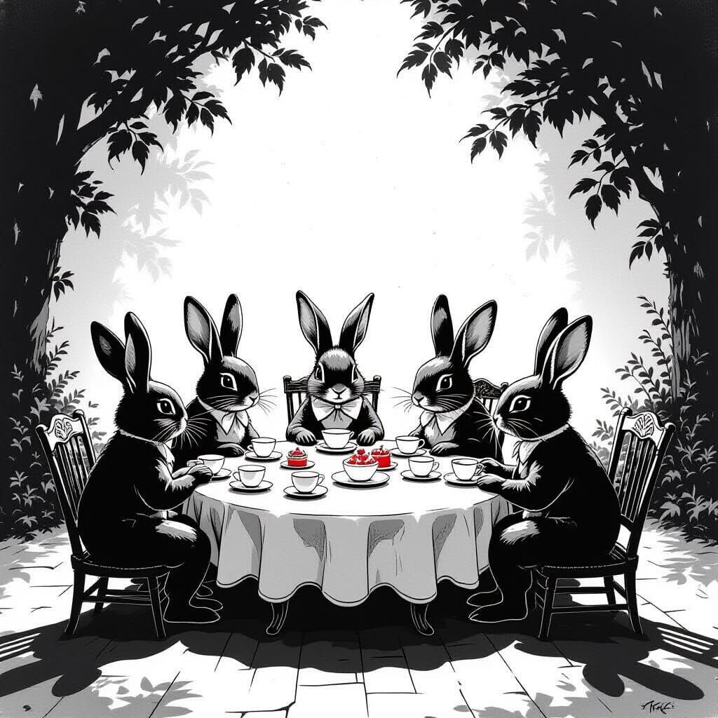 Rabbits Hold Secret Tea Meeting in Noir Style