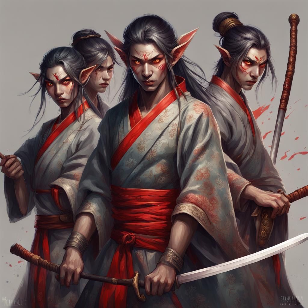 Elves with Katanas in Asian Clothing: Splash Art