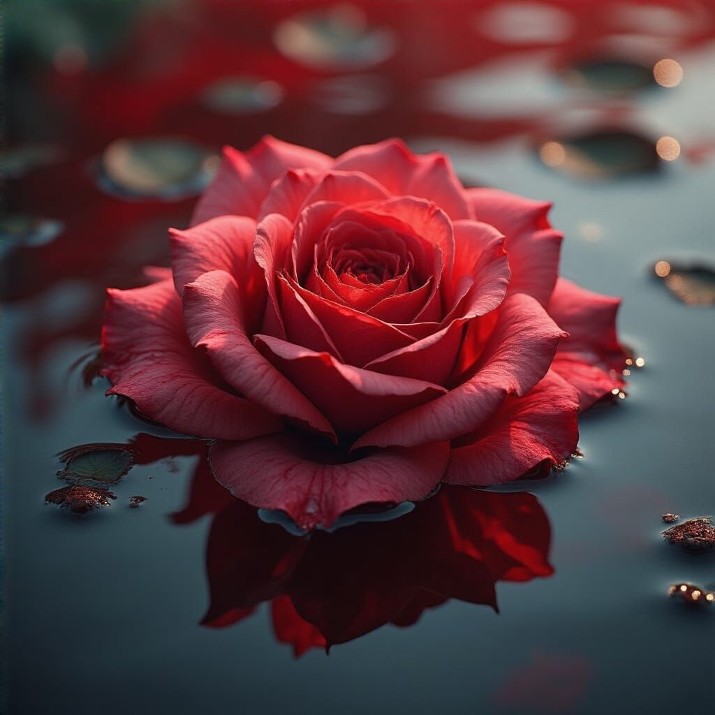 Blood-Red Rose in Crimson Water: Photorealistic Render