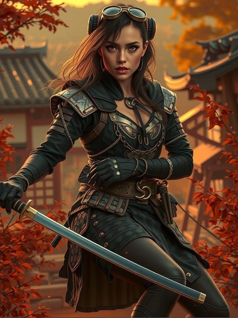 Steampunk Female Samurai in Traditional Japanese Landscape