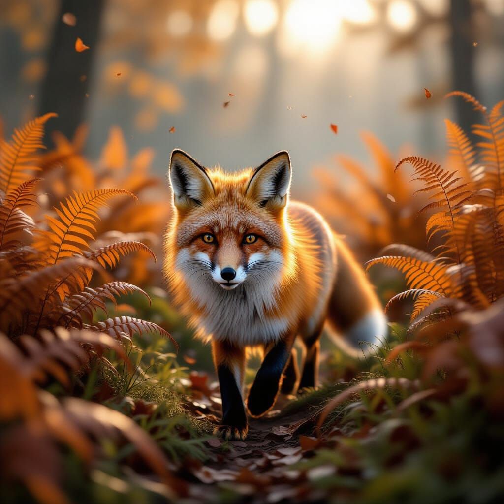 Fluffy Red Fox in Misty Autumn Ferns, Hyperrealistic Digital...