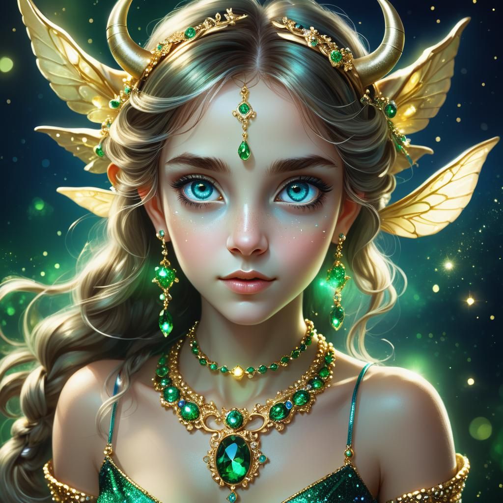 Sparkling Taurus Fairy with Emerald Necklace
