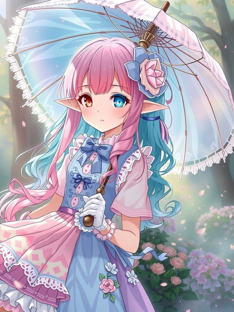 Pastel Elf Girl with Lace Umbrella in Anime Style