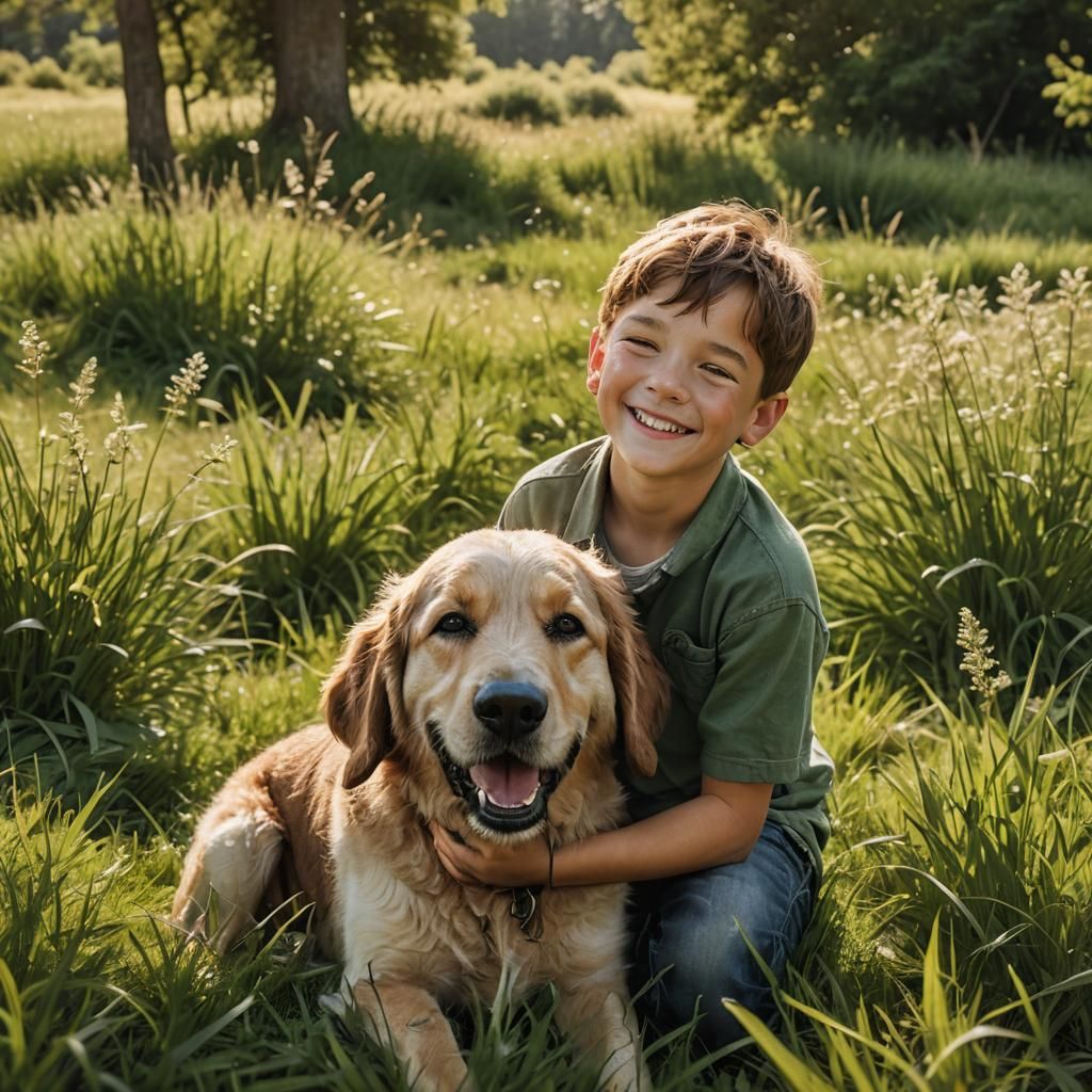 Warm Portrait of Boy and Dog in a Green Meadow