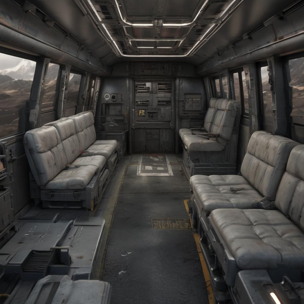 an interior shot of a doomsday survival armored truck, equip...