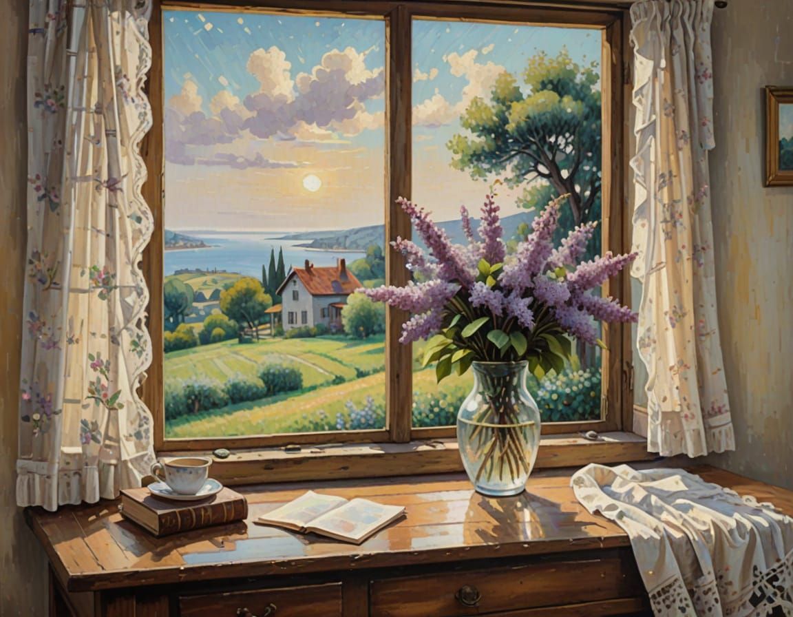 Neo-Impressionist Lilacs in a Country Window