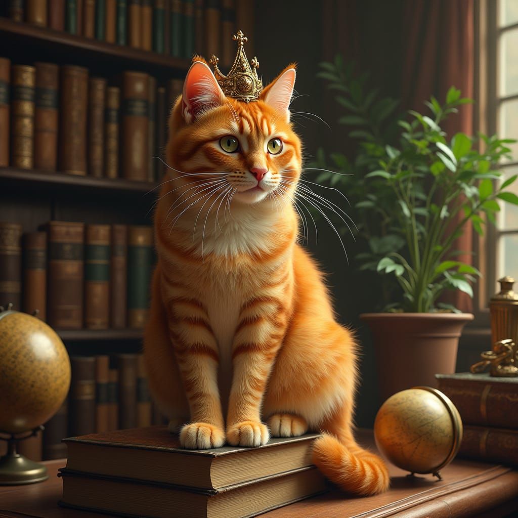 Crowned Ginger Cat Portrait in Rembrandt Style