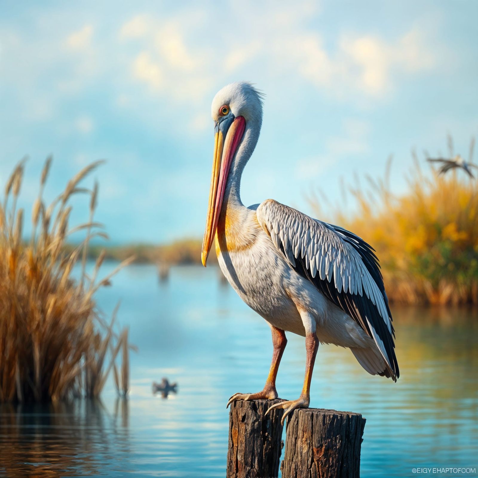 Vibrant Pelican Emerges from Hyperrealistic Marsh Landscape