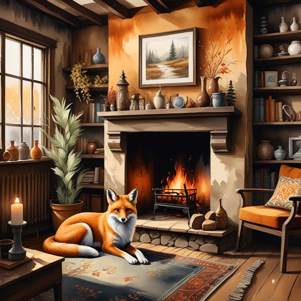 Fox by Fireplace Sumi-e Illustration in Gouache Style