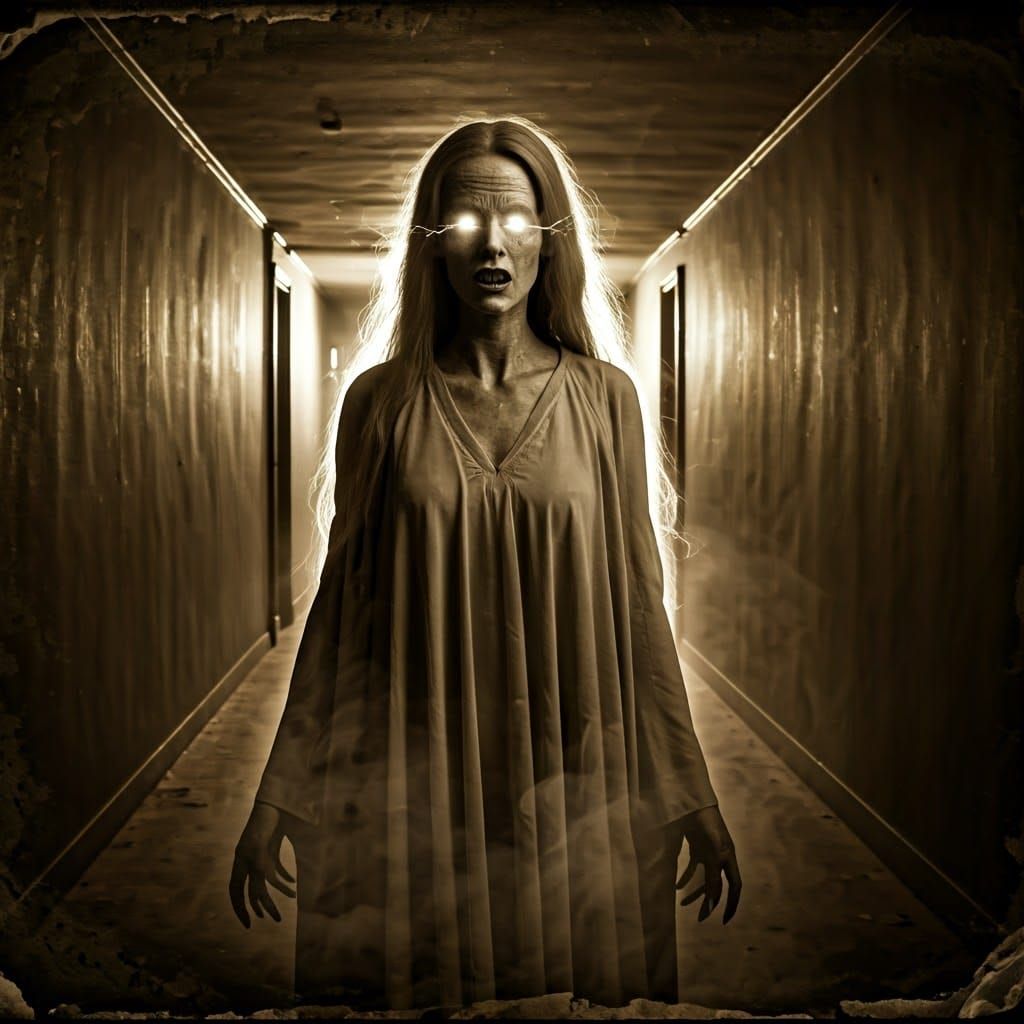 Ethereal Ghostly Figure in a Creepy Hotel Hallway