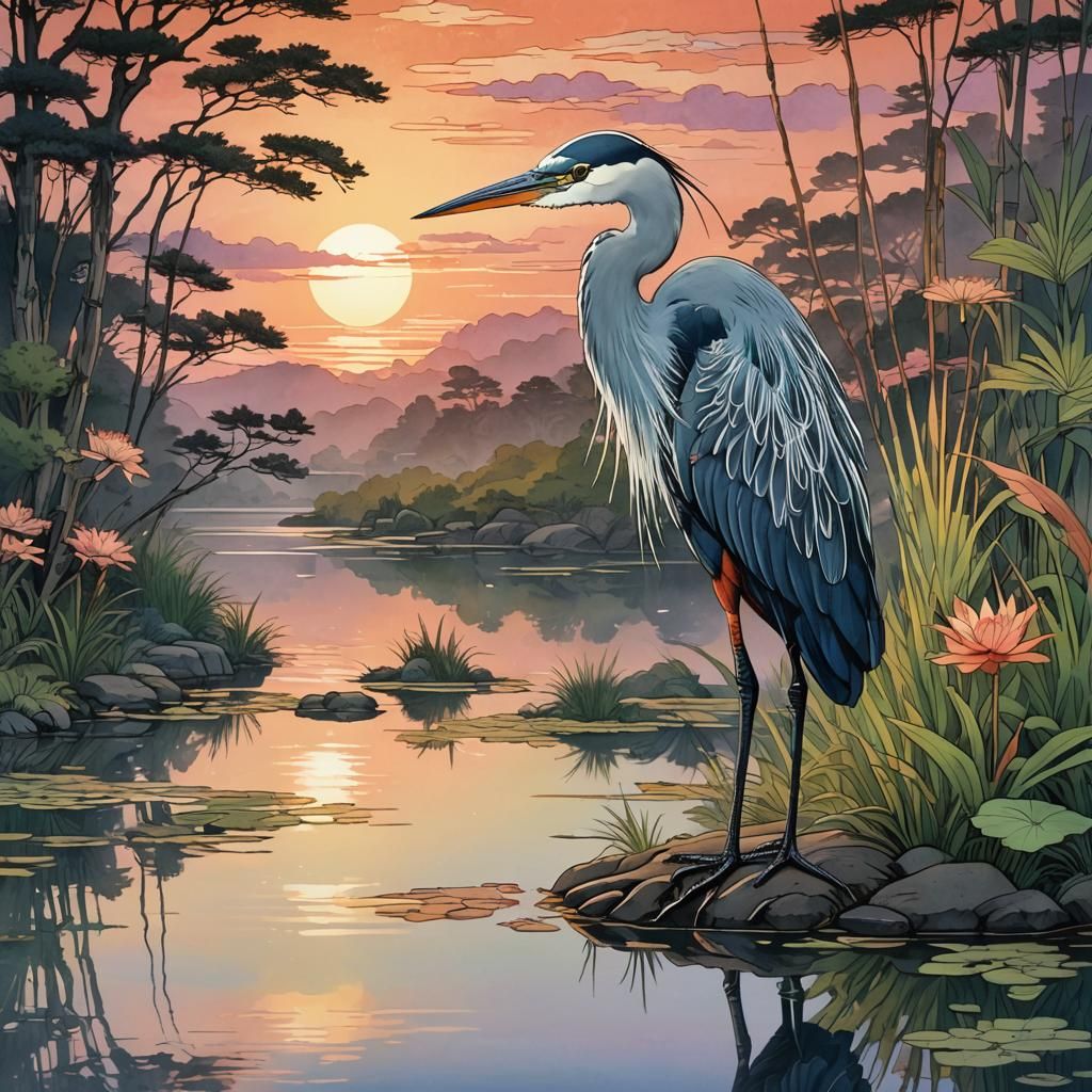 Heron at Sunset in Ukiyo-e Style