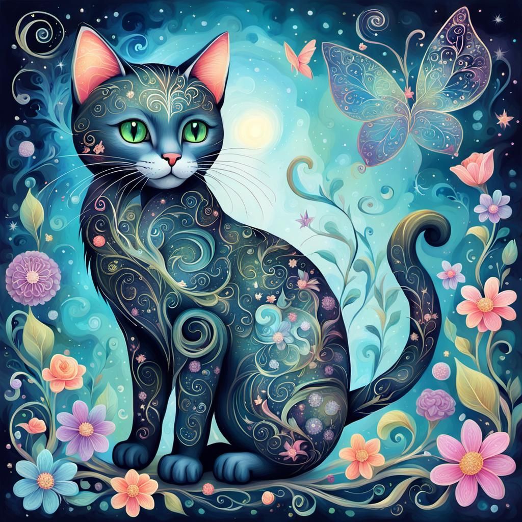 Enchanting Whimsical Cat Digital Painting