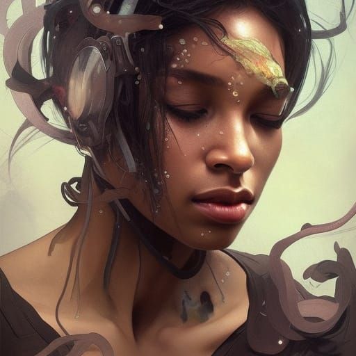 Black Woman with Death Mask, Hyperdetailed Digital Art