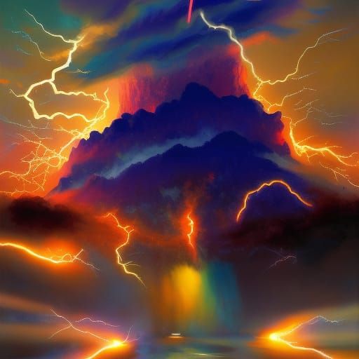 Fiery Mountain Engulfed by Lightning Storm