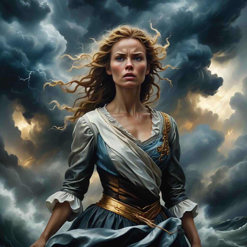 Baroque Woman Amidst Storm in Cinematic Portrait