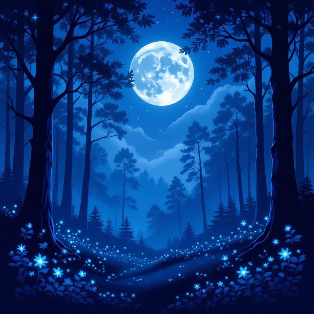 Enchanted Forest Night Scene in Ethereal Moonlight