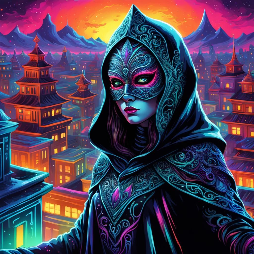 Psychedelic Villain on Rooftop in Neon Comic Style