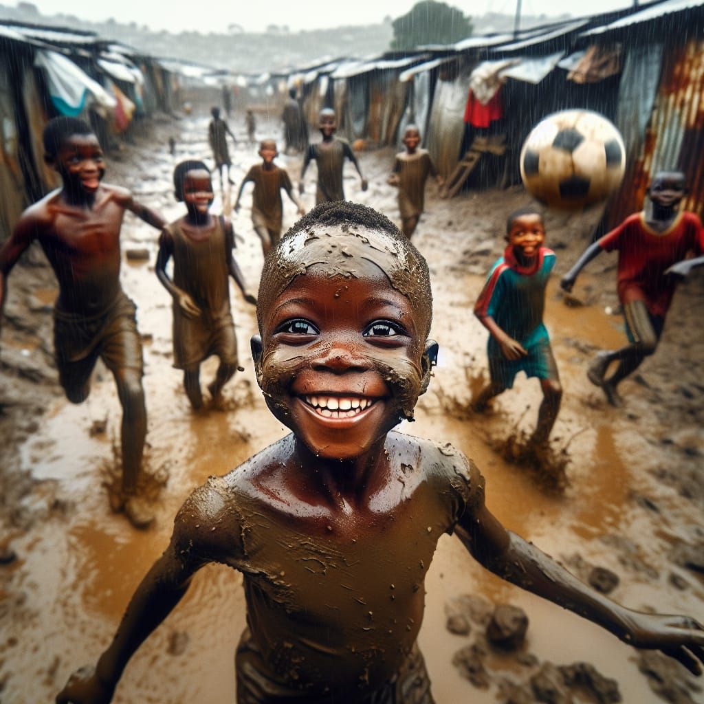 Joyful African Boy Playing Soccer in Slums