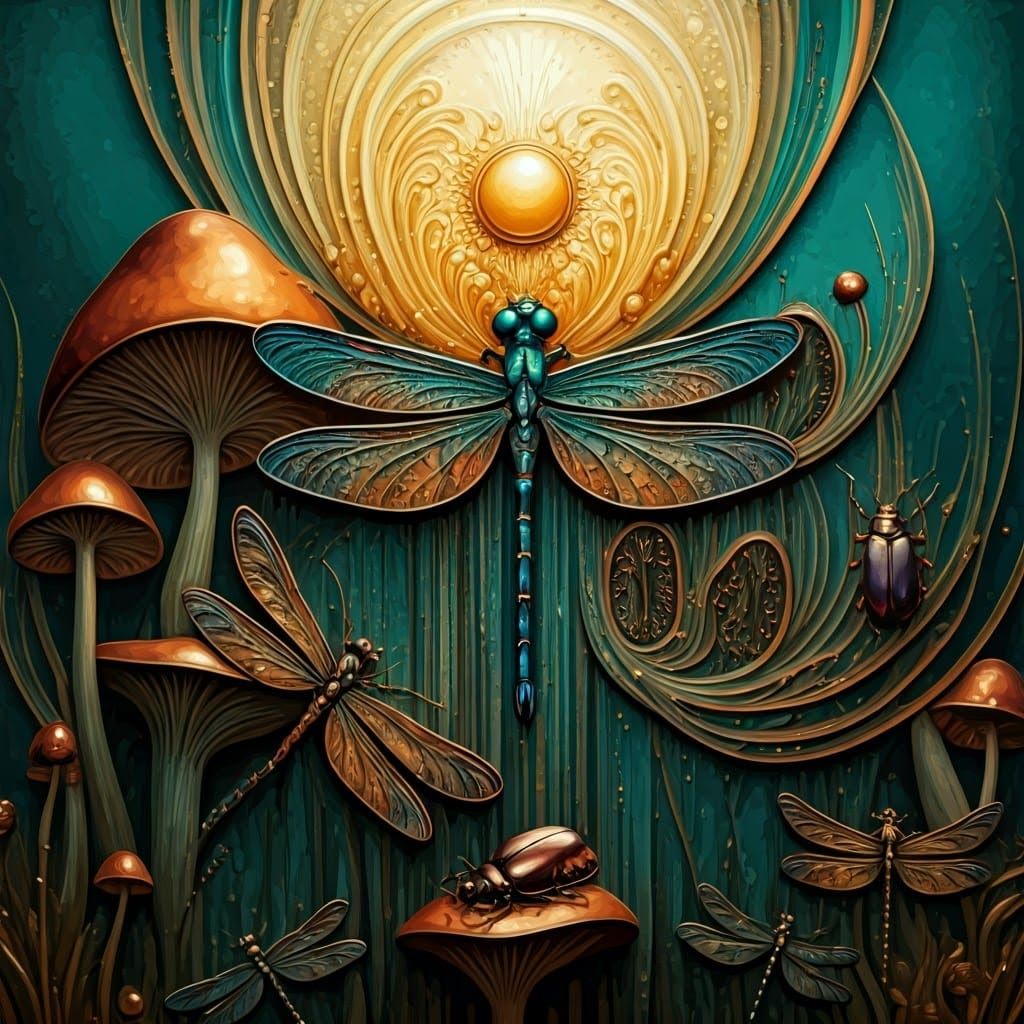 Detailed Alcohol Ink Illustration: Dragonflies and Mushrooms