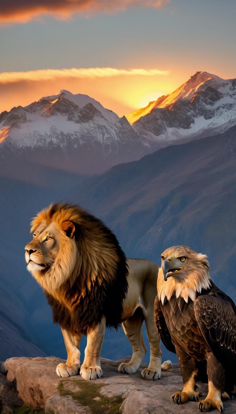 Lion and Eagle Sunrise Mountain Scene