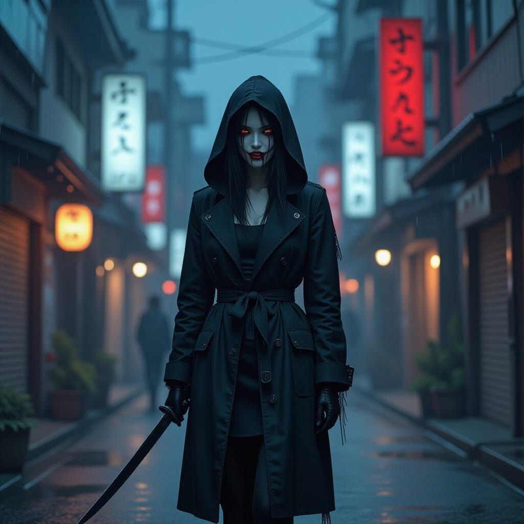 Kuchisake-onna Stalks City Streets in Noir Style