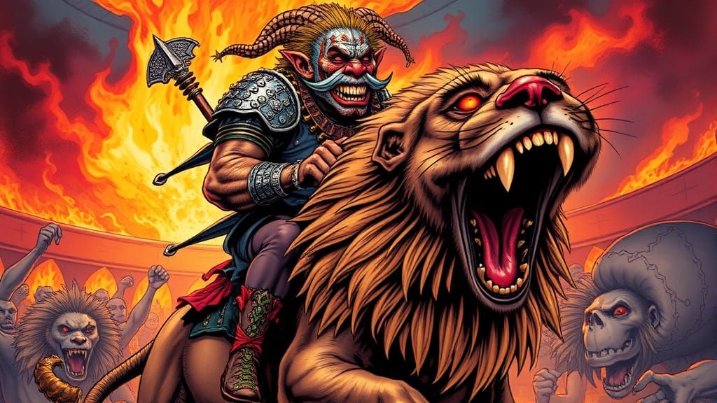 Armored Clown Troll Rides Three-Headed Lion