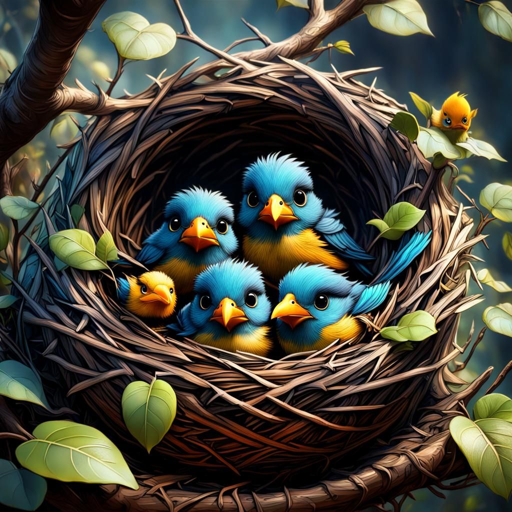 Charming Baby Birds in Nest: Digital Art