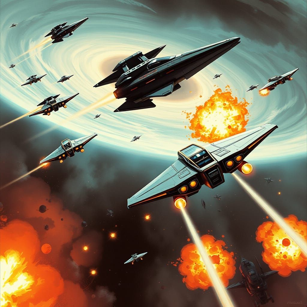 Futuristic Spaceships Dogfight Above Nebula in Digital Art