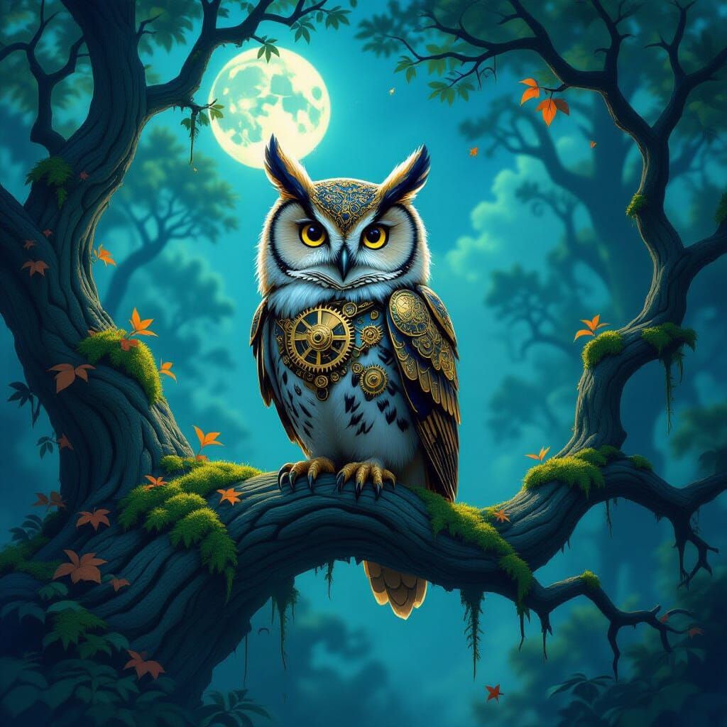 Clockwork Owl on Ancient Branch in Twilight Forest