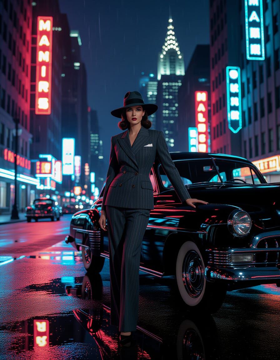 1940s Businesswoman in Neon City Rain