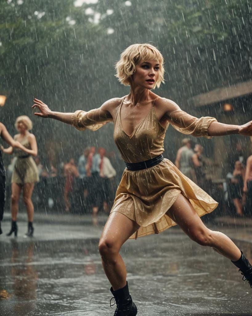 Blonde Dancer in Rain: Cinematic Film Still