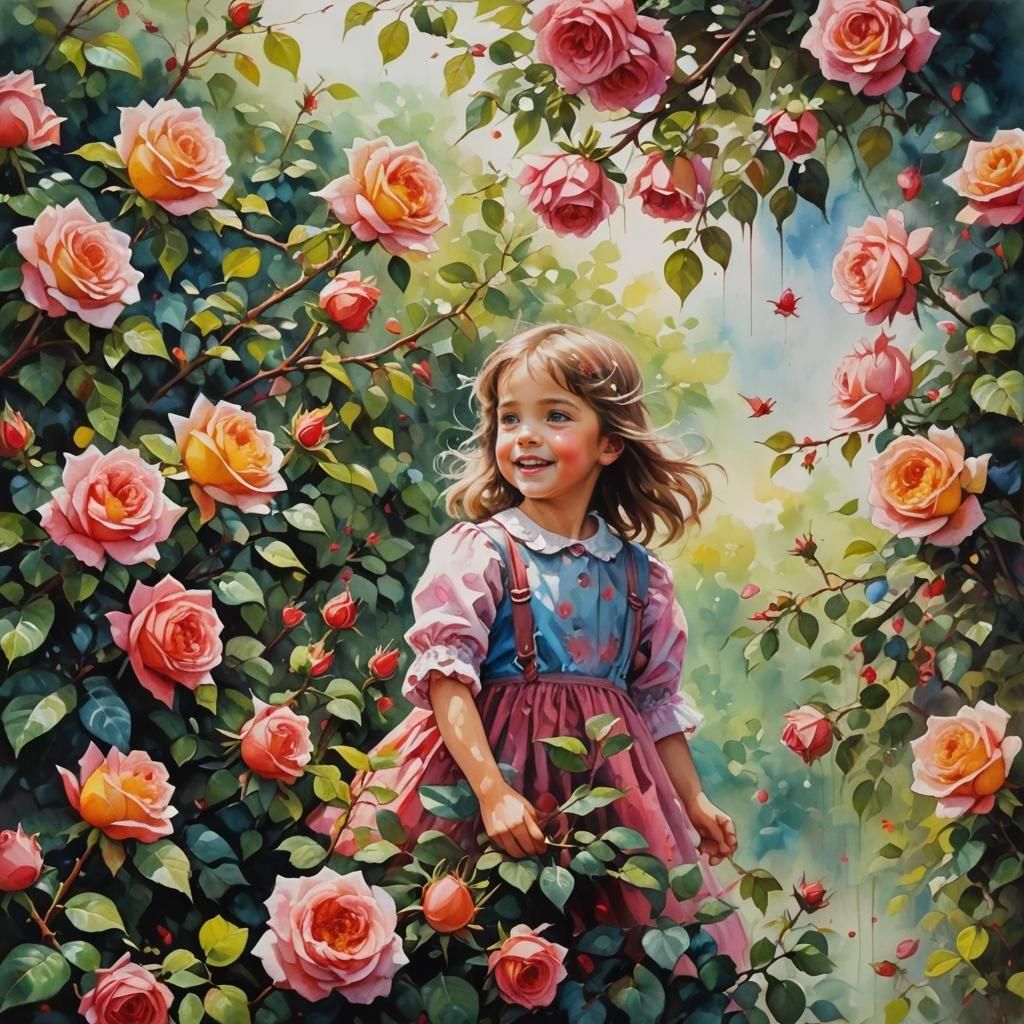 Joyful Girl in Rose Bush Watercolor Painting