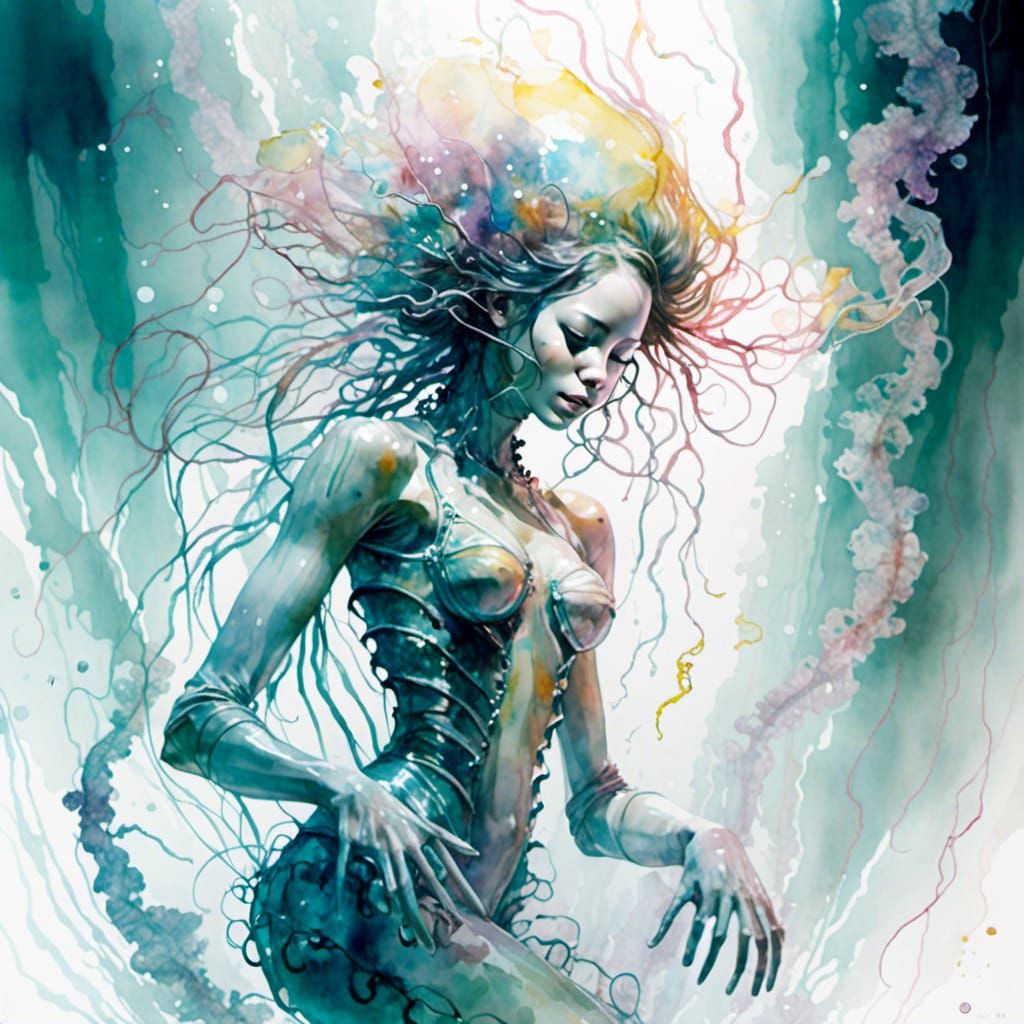 Iridescent Mermaid with Snake Eyes in Synthwave Style