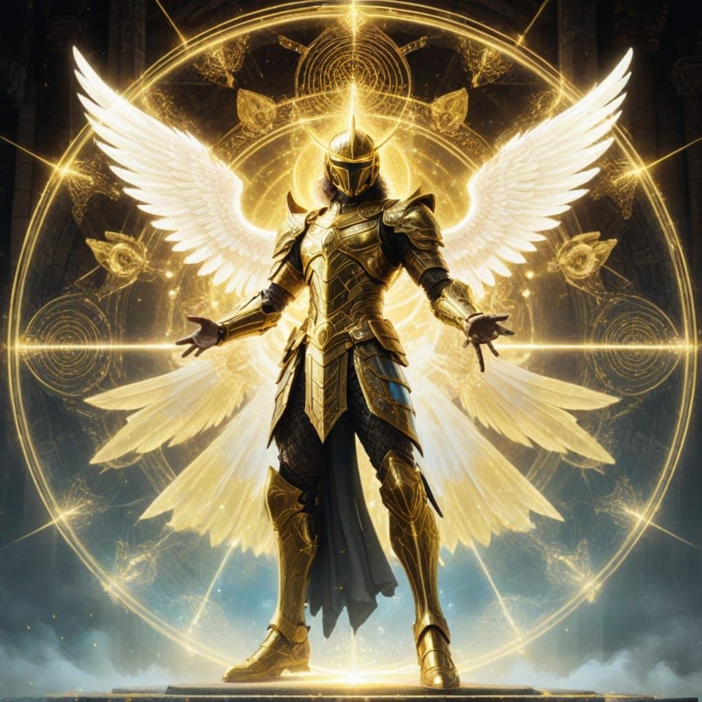 Golden Paladin Angel Levitates in Majestic Fantasy Realm