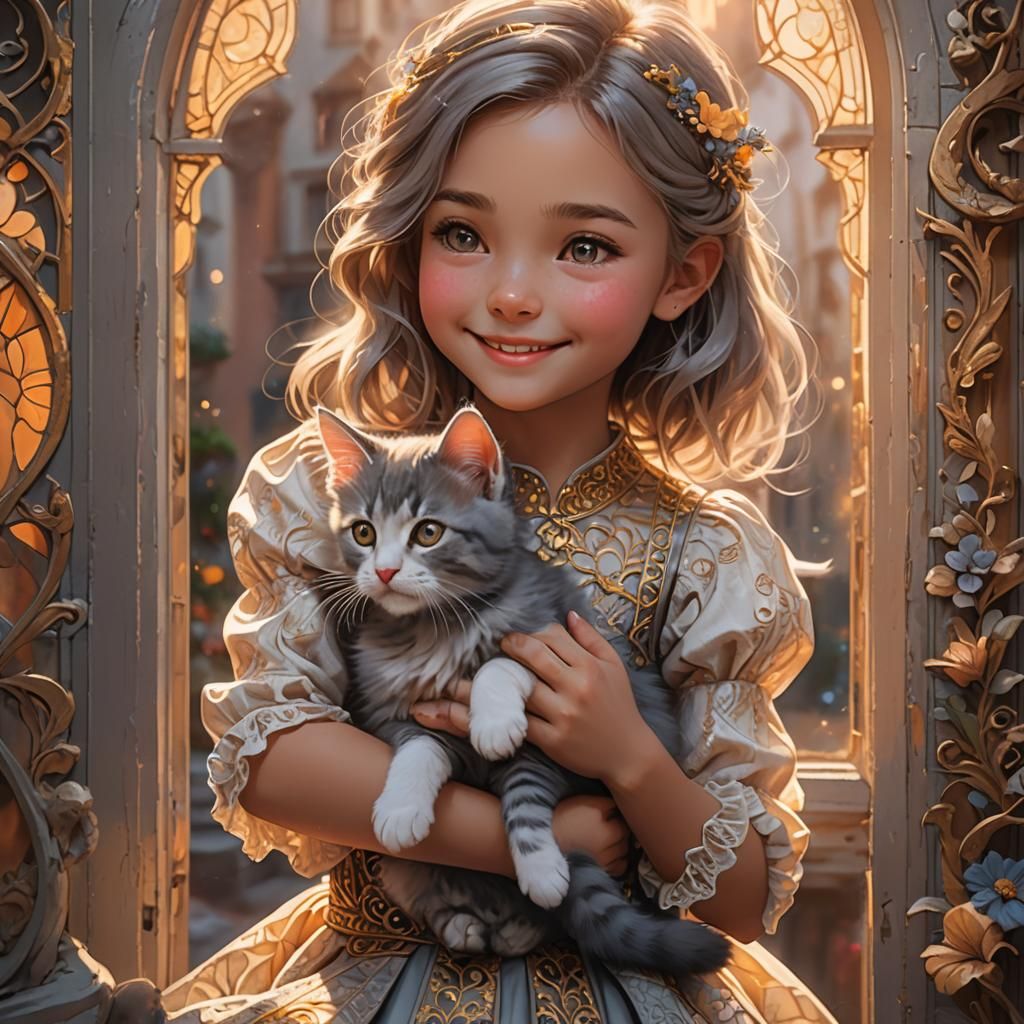 Girl with Kitten: Dreamlike Fantasy Art