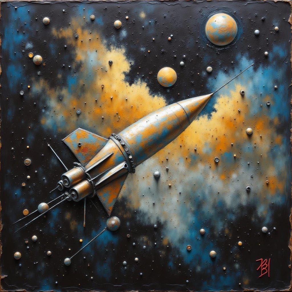 Retro Rocket Ship in Deep Space, Steampunk Oil Painting